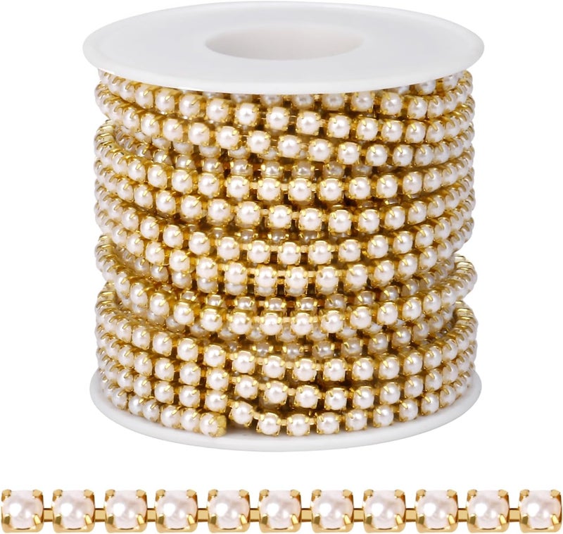 Ucevi 10 Yards Gold Pearl Trim Chain for Craft, 4MM Pearl Beaded Cup Chain Trim by Yard for Sewing DIY Crafts Jewelry Making Decoration - Image 1